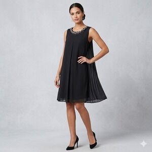 Ronni Nicole Womens Size Large Black Sheath Dress Jeweled Neckline Chiffon LBD‎